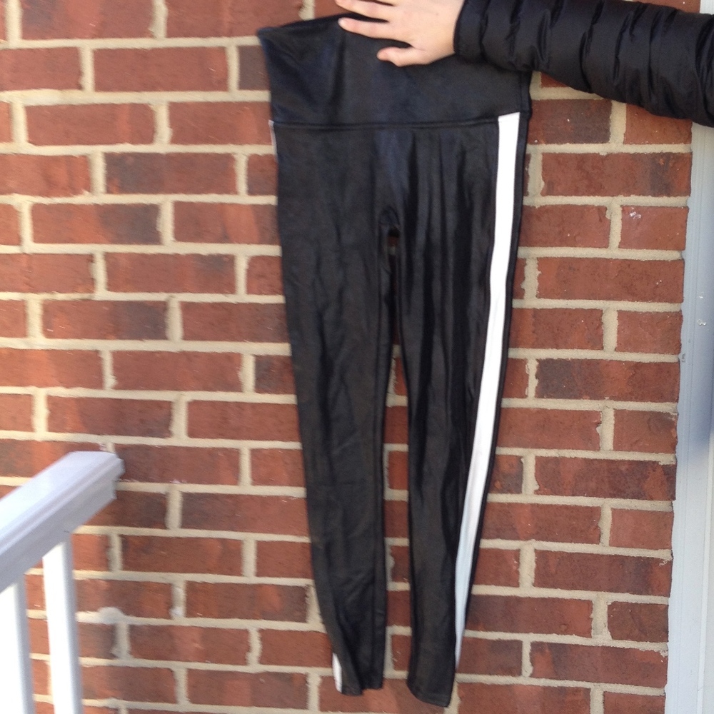 SPANX Black Faux Leather Leggings with White Side Stripe